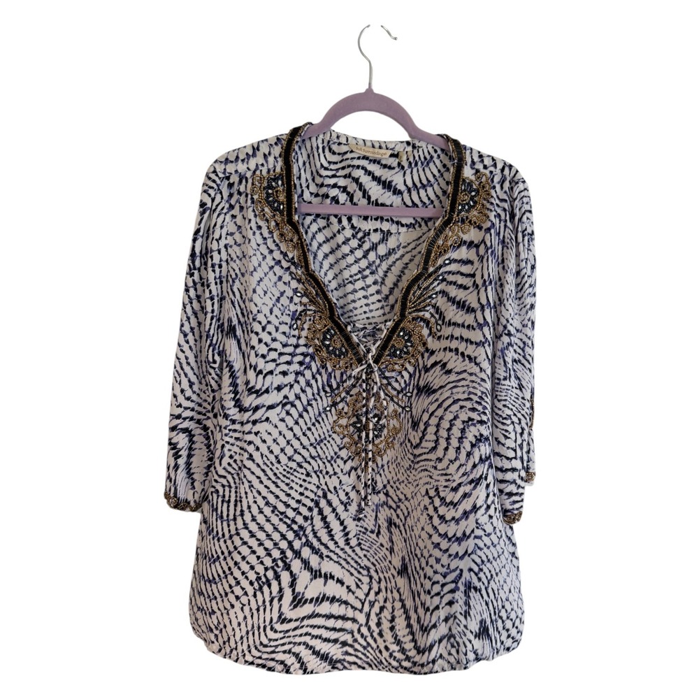 Soft Surroundings Tunic Blue PL Women Beaded V-Neck Animal Print Boho